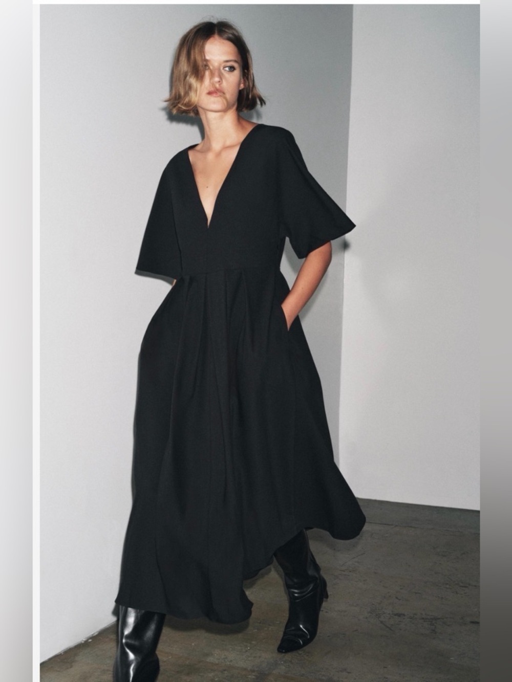 🔥🔥Zara Black V-Neck Short Sleeve Midi Dress with Pockets
